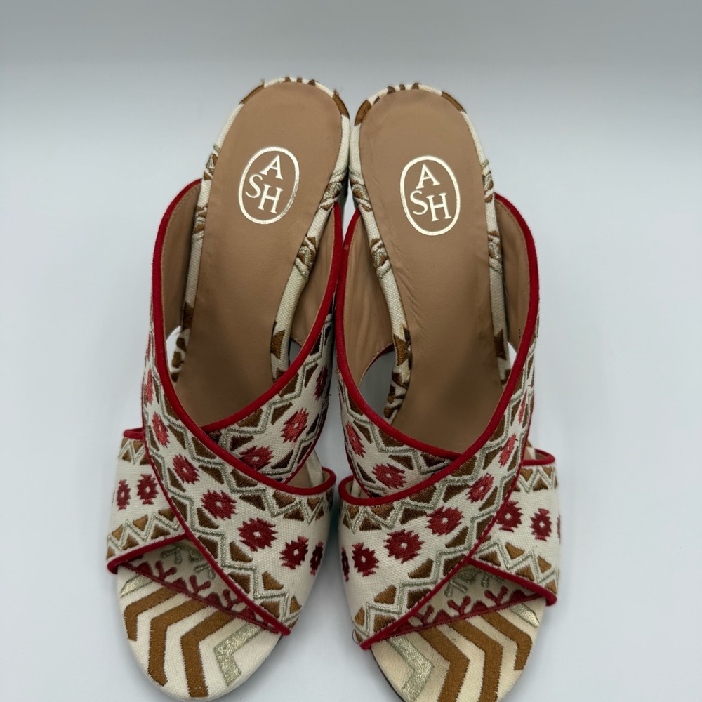 ASH Red Aztec Embroidered Padded Adel Round Toe Block Heel Slip On Heeled Sandal - Picture 2 of 16